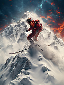 飞跃雪山中的滑雪者背景图片