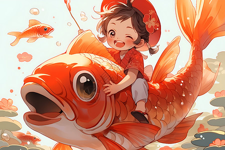 传统文化的小男孩骑大鱼插图背景图片