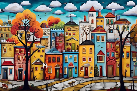 秋季色彩城市的油画插图背景图片