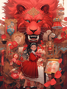 女孩与狮头奇幻之旅背景图片