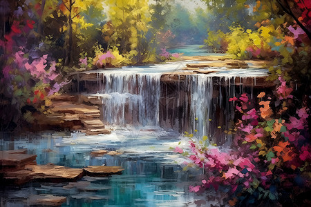 色彩绚丽的瀑布油画背景图片