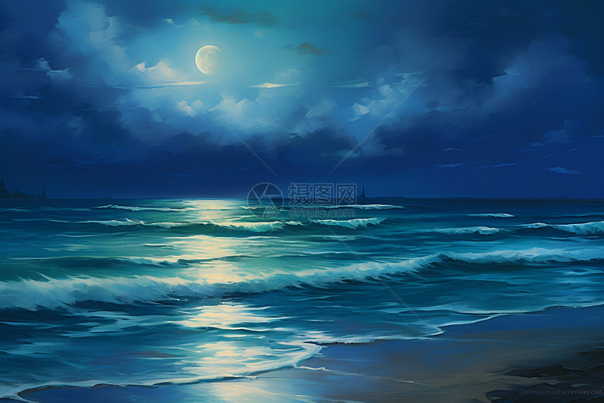 月光洒满夜晚的宁静海滩图片