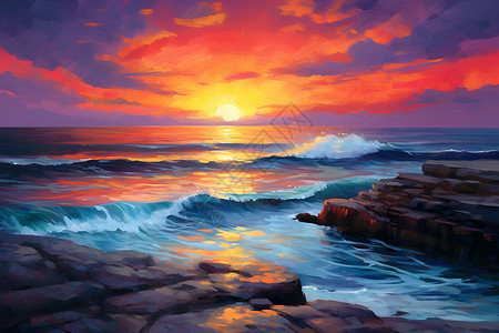 海边夕阳万丈光彩背景图片