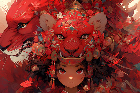 红狮子红头巾的女孩与狮子插画