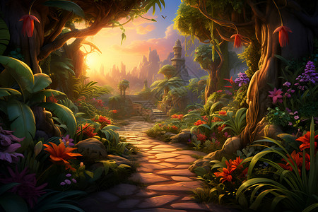 梦幻丛林中的绝美路径背景图片