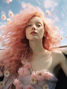 粉头发大自然的鲜花和粉发少女背景
