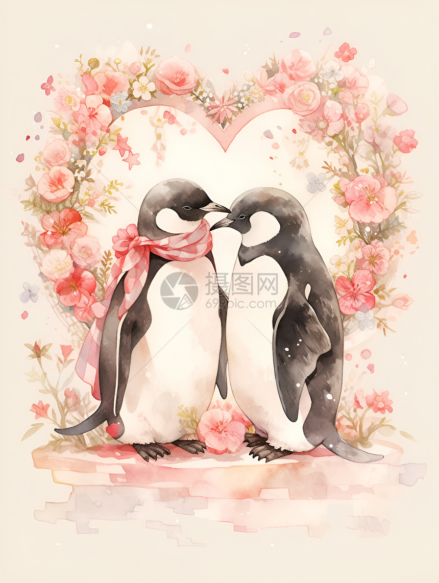 花环中间的可爱企鹅图片