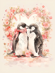花环中间的可爱企鹅背景图片