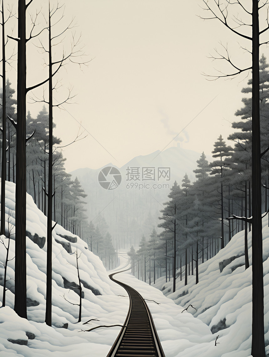 森林雪地里的铁轨图片