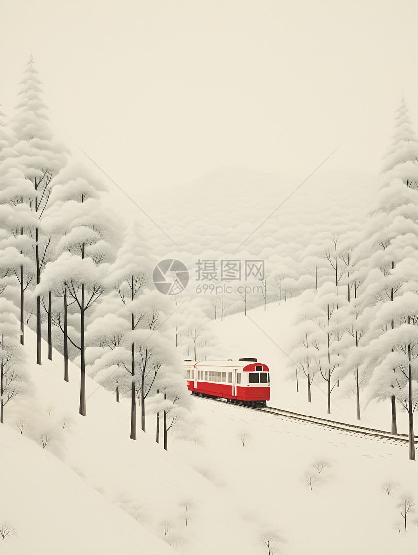 雪地中干的红色火车图片