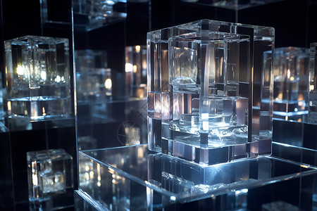 透明方块室内悬浮的水晶方块背景
