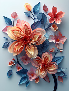 深蓝色花卉剪纸彩色花墙插画
