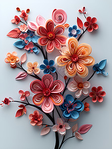 深蓝色花卉剪纸艳丽的花朵插画
