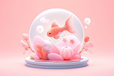 可爱金鱼漂浮樱花中背景图片
