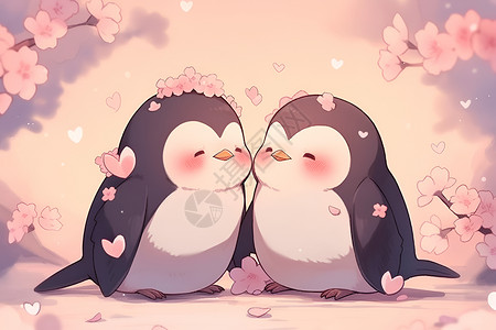 庆祝情人节恋爱中的企鹅情侣插画