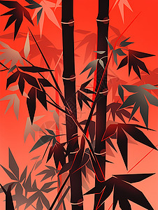 木版画红日下的竹子插画