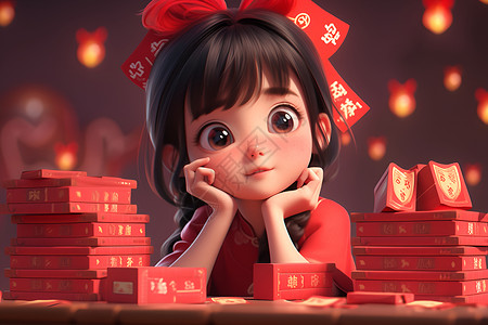 红衣小女孩穿着喜庆的小女孩插画