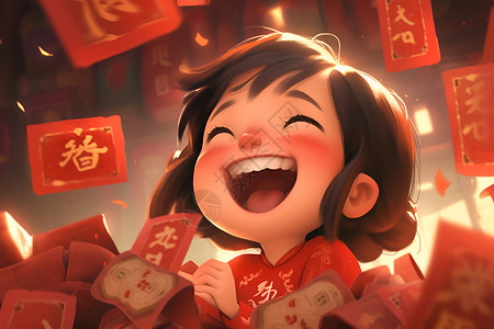 中国笑容红包与女孩笑容插画