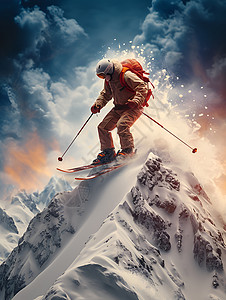 雪山山顶雪山的滑雪者设计图片