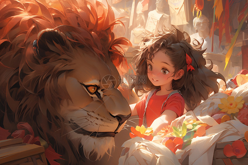 小女孩与狮头玩偶图片