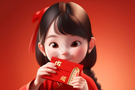小女孩微笑握着红包背景图片