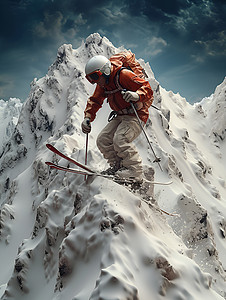 雪山山顶冬季滑雪运动员设计图片