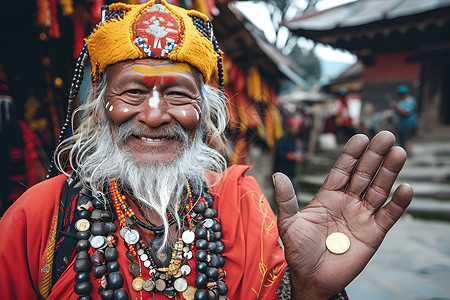 尼泊尔男子手掌长胡子高清图片