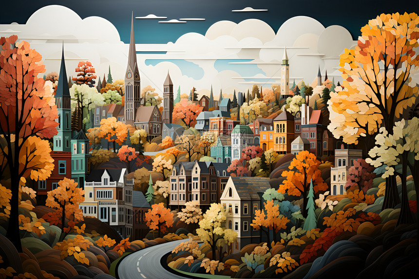 秋色缤纷的小镇图片