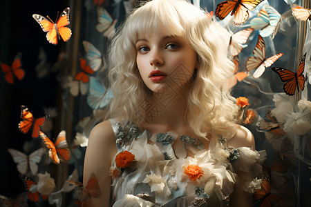 白发少女与蝴蝶幻梦背景图片