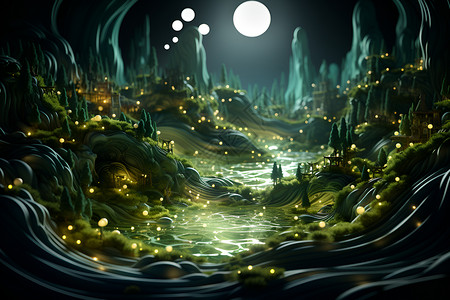 河畔明月林间星光背景图片