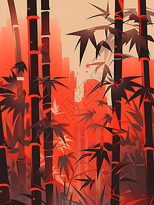 红色日落下的竹林背景图片