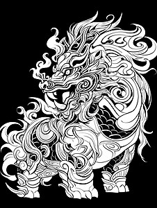 麒麟神兽神兽麒麟的黑白线描插画
