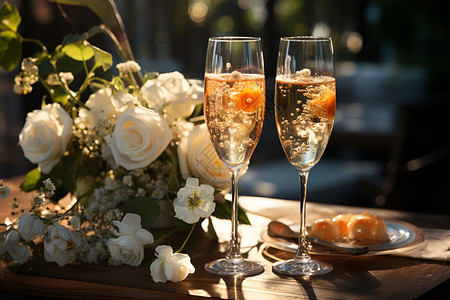 饮香槟酒阳光下鲜花与香槟背景