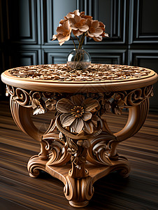 鲜花木雕桌背景图片