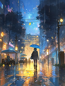 雨夜漫步的少女插图背景图片