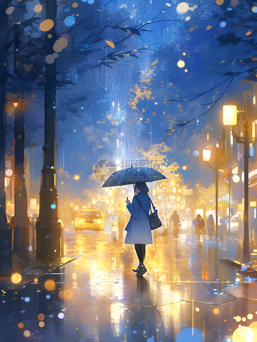 夜幕雨中行走的少女插图图片