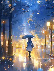 夜幕雨中行走的少女插图高清图片