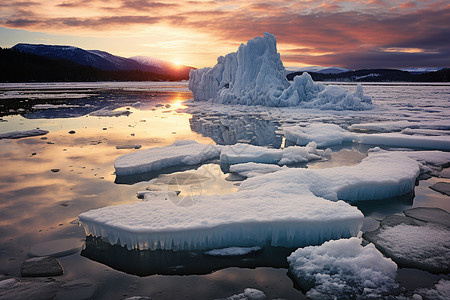 北极融化湖面上一群冰山背景