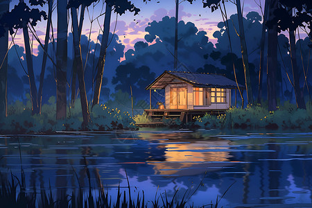 一座小屋矗立水边背景图片