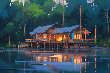 水边的竹制小屋背景图片