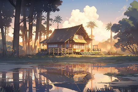 湖边的小屋背景图片