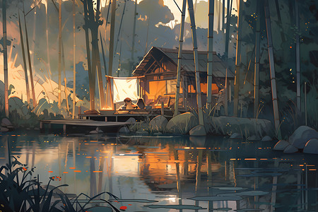 夕阳下的竹林小屋背景图片