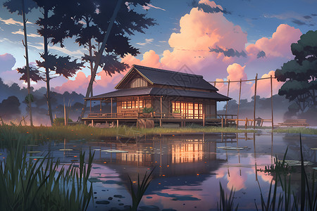 一座竹制小屋背景图片