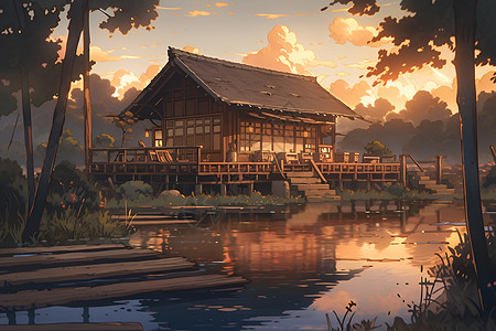 黄昏中的竹屋背景图片