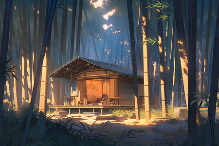 竹林里的木屋背景图片