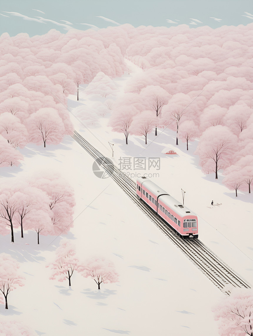 粉色树林中的列车图片