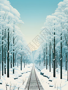笔直冬日林间的铁路插画
