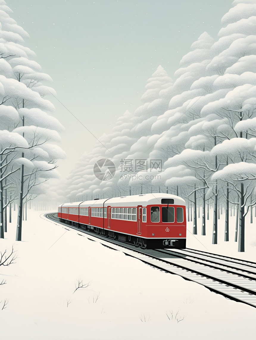 红色列车穿越树林图片