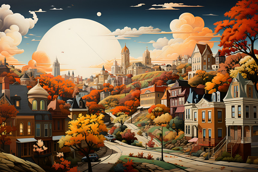 秋色城市中的梦幻小镇图片
