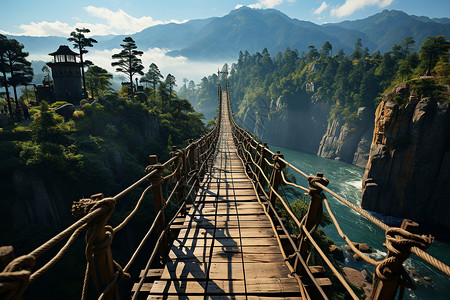 高山之上的吊桥背景图片
